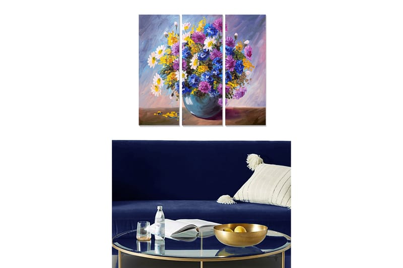 Trelerretsbilde 3-delt 50x70 cm - Fargerik blomsterbukett i vase, Lilla / Gul / Hvit