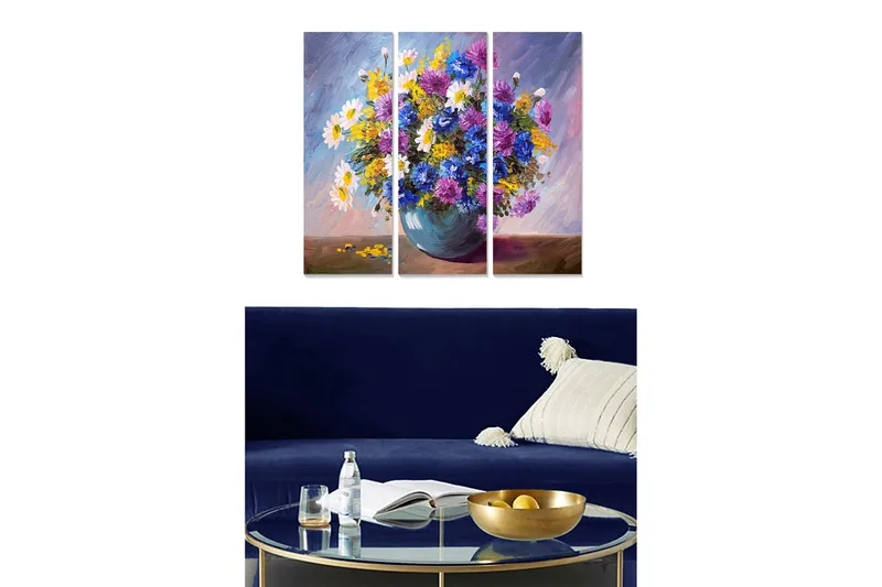 Trelerretsbilde 3-delt 50x70 cm - Fargerik blomsterbukett i vase, Lilla / Gul / Hvit