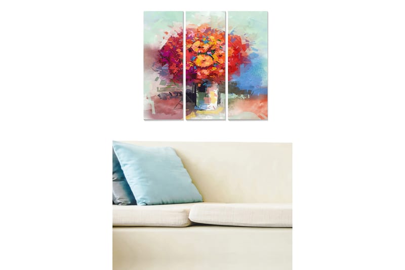 Trelerretsbilde 3-delt 50x70 cm - Fargerik blomsterbukett i vase, Oransje / Lilla / Grønn