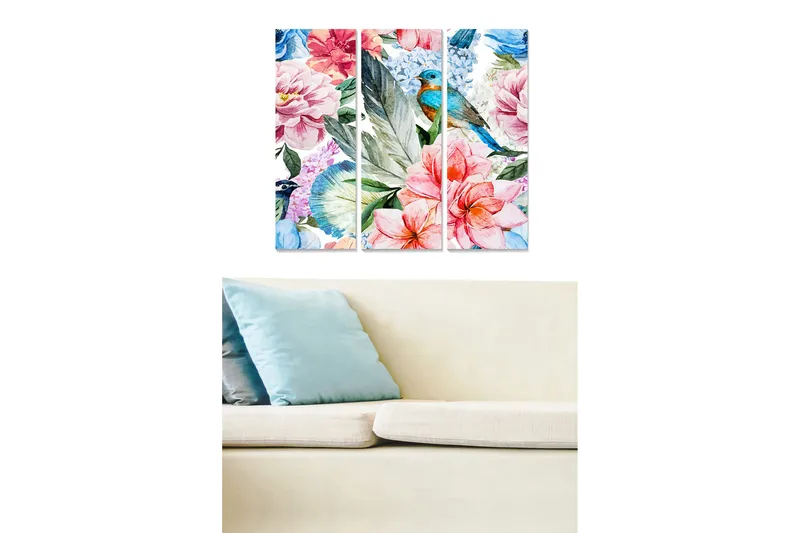 Trelerretsbilde 3-delt 50x70 cm - Fargerik blomsterbukett med en fugl i fokus, Rosa / Blå / Grønn
