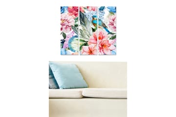 Trelerretsbilde 3-delt 50x70 cm - Fargerik blomsterbukett med en fugl i fokus - Rosa / Blå / Grønn - Interiør - Maleri & posters - Lerretsbilder