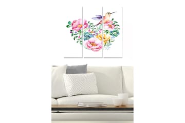 Trelerretsbilde 3-delt 50x70 cm - Fargerik blomsterbukett med en kolibri - Rosa / Grønn / Gul - Interiør - Maleri & posters - Lerretsbilder