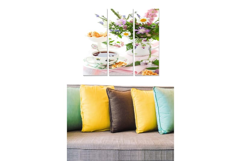 Trelerretsbilde 3-delt 50x70 cm - Fargerik blomsterbukett med en kopp te og vafler, Lilla / Rosa / Grønn