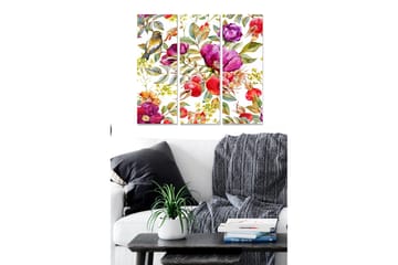 Trelerretsbilde 3-delt 50x70 cm - Fargerik blomsterbukett med fuglemotiv - Lilla / Rød / Grønn - Interiør - Maleri & posters - Lerretsbilder