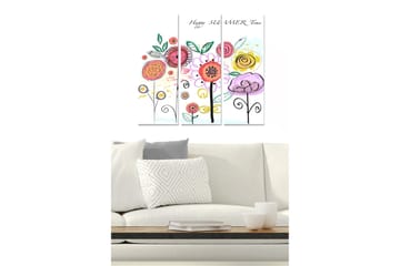 Trelerretsbilde 3-delt 50x70 cm - Fargerik blomsterbukett med lekne detaljer - Rosa / Gul / Grønn - Interiør - Maleri & posters - Lerretsbilder