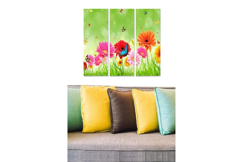 Trelerretsbilde 3-delt 50x70 cm - Fargerik blomsterbukett med sommerfugler i et grønt miljø, Rosa / Oransje / Grønn