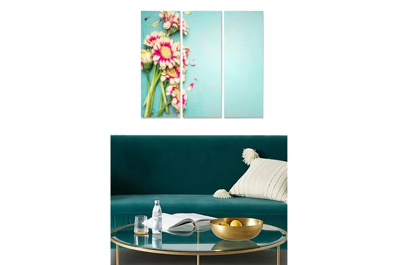 Trelerretsbilde 3-delt 50x70 cm - Fargerik blomsterbukett på lyseblå bakgrunn, Rosa / Grønn / Lys blå