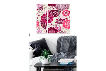 Trelerretsbilde 3-delt 50x70 cm - Fargerik blomsterdesign med stiliserte blomster og blader - Mørk rød / Lys rosa / Grønn - Interiør - Maleri & posters - Lerretsbilder