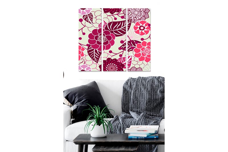 Trelerretsbilde 3-delt 50x70 cm - Fargerik blomsterdesign med stiliserte blomster og blader, Mørk rød / Lys rosa / Grønn