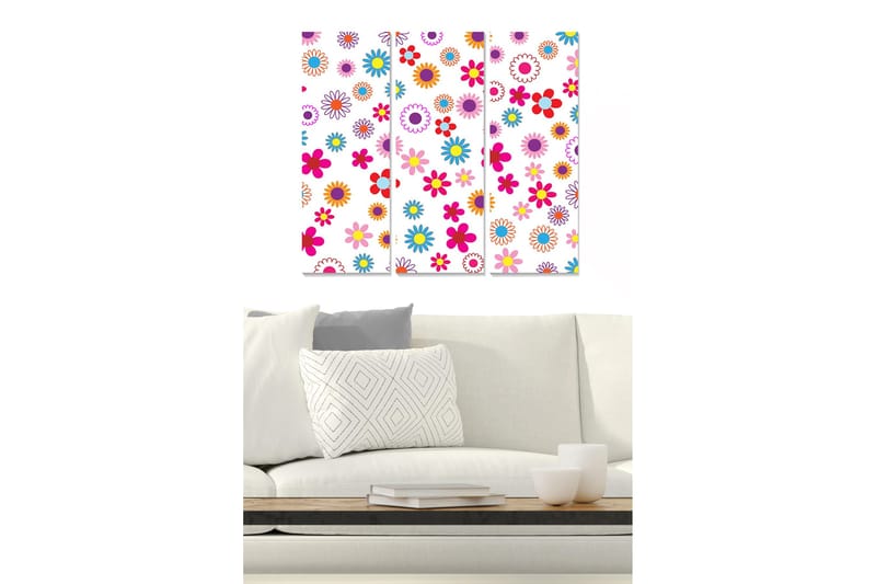 Trelerretsbilde 3-delt 50x70 cm - Fargerik blomsterdesign med varierende blomster, Rosa / Blå / Oransje