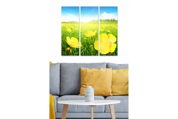 Trelerretsbilde 3-delt 50x70 cm - Fargerik blomstereng med gule blomster - Gul / Grønn / Blå - Interiør - Maleri & posters - Lerretsbilder