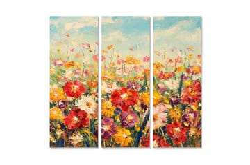 Trelerretsbilde 3-delt 50x70 cm - Fargerik blomstereng med varierende blomster - Rød / Gul / Lilla - Interiør - Maleri & posters - Lerretsbilder