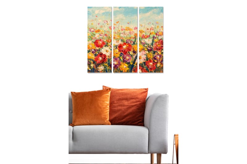 Trelerretsbilde 3-delt 50x70 cm - Fargerik blomstereng med varierende blomster - Rød / Gul / Lilla - Interiør - Maleri & posters - Lerretsbilder