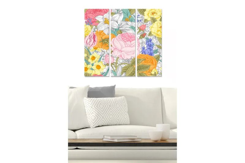 Trelerretsbilde 3-delt 50x70 cm - Fargerik blomsterkomposisjon med forskjellige blomster og bladverk, Rosa / Gul / Oransje