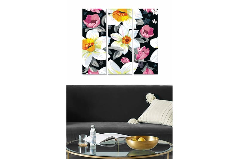 Trelerretsbilde 3-delt 50x70 cm - Fargerik blomsterkomposisjon med hvite og rosa blomster, Hvit / Rosa / Gul