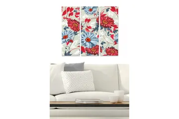 Trelerretsbilde 3-delt 50x70 cm - Fargerik blomsterkomposisjon med røde og blå blomster - Rød / Blå / Grønn - Interiør - Maleri & posters - Lerretsbilder