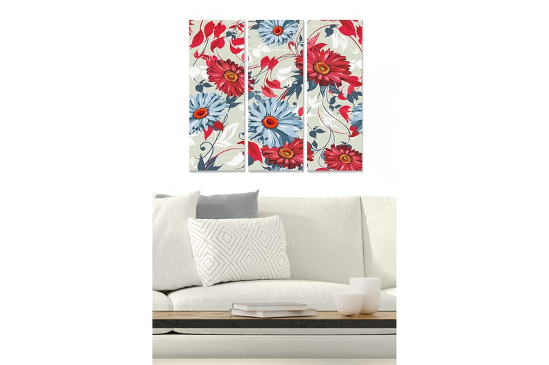 Trelerretsbilde 3-delt 50x70 cm - Fargerik blomsterkomposisjon med røde og blå blomster, Rød / Blå / Grønn