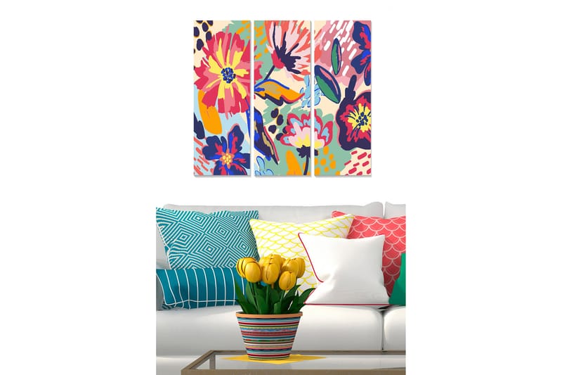 Trelerretsbilde 3-delt 50x70 cm - Fargerik blomsterkomposisjon med store blomster og bladverk, Rosa / Blå / Gul
