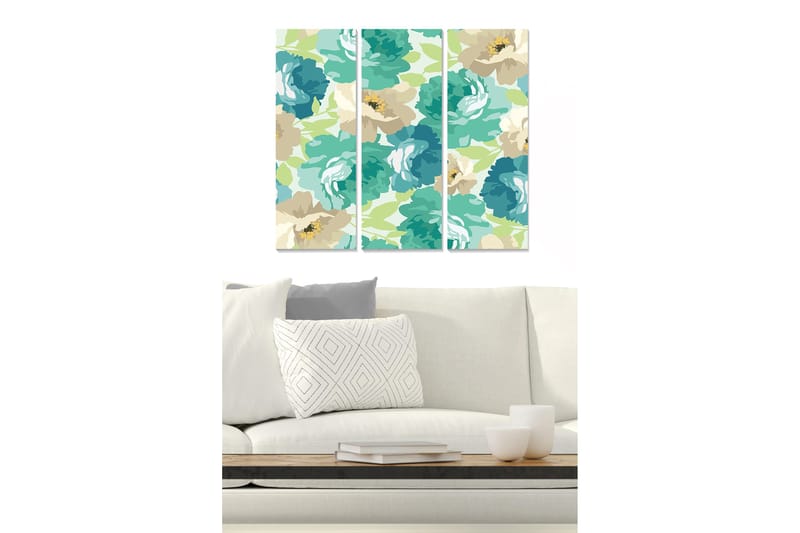 Trelerretsbilde 3-delt 50x70 cm - Fargerik blomsterkomposisjon med store blomster, Turkis / Beige / Lys grønn