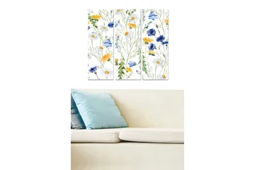 Trelerretsbilde 3-delt 50x70 cm - Fargerik blomsterkomposisjon med ville blomster - Blå / Gul / Hvit - Interiør - Maleri & posters - Lerretsbilder