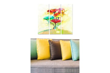 Trelerretsbilde 3-delt 50x70 cm - Fargerik blomstertre med store blomster i rødt og grønt - Rød / Grønn / Gul - Interiør - Maleri & posters - Lerretsbilder