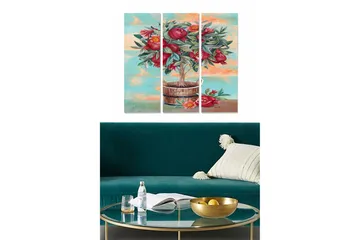 Trelerretsbilde 3-delt 50x70 cm - Fargerik bukett med granatepler i en kurv - Rød / Grønn / Blå - Interiør - Maleri & posters - Lerretsbilder