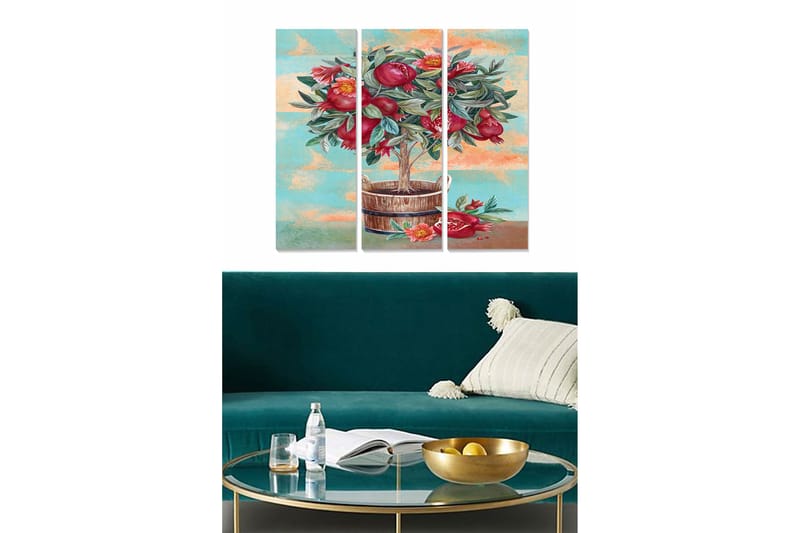 Trelerretsbilde 3-delt 50x70 cm - Fargerik bukett med granatepler i en kurv, Rød / Grønn / Blå