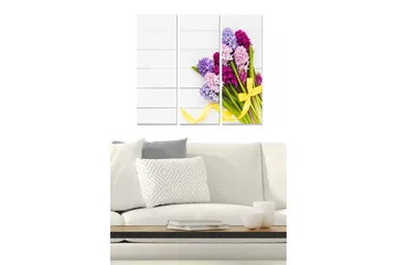 Trelerretsbilde 3-delt 50x70 cm - Fargerik bukett med hyasinter med gult bånd - Lilla / Rosa / Grønn - Interiør - Maleri & posters - Lerretsbilder