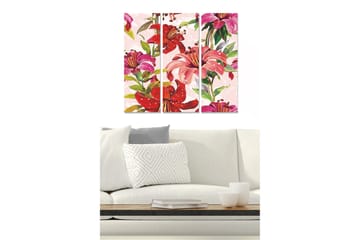Trelerretsbilde 3-delt 50x70 cm - Fargerik bukett med liljer - Rosa / Rød / Grønn - Interiør - Maleri & posters - Lerretsbilder