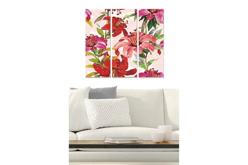 Trelerretsbilde 3-delt 50x70 cm - Fargerik bukett med liljer, Rosa / Rød / Grønn