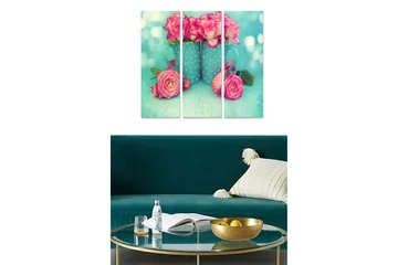 Trelerretsbilde 3-delt 50x70 cm - Fargerik bukett med roser i en blå potte - Rosa / Turkis / Grønn - Interiør - Maleri & posters - Lerretsbilder