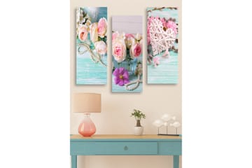 Trelerretsbilde 3-delt 50x70 cm - Fargerik bukett med roser og blomster i en glassvase - Rosa / Grønn / Hvit - Interiør - Maleri & posters - Lerretsbilder