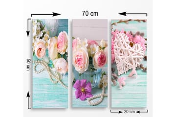 Trelerretsbilde 3-delt 50x70 cm - Fargerik bukett med roser og blomster i en glassvase - Rosa / Grønn / Hvit - Interiør - Maleri & posters - Lerretsbilder