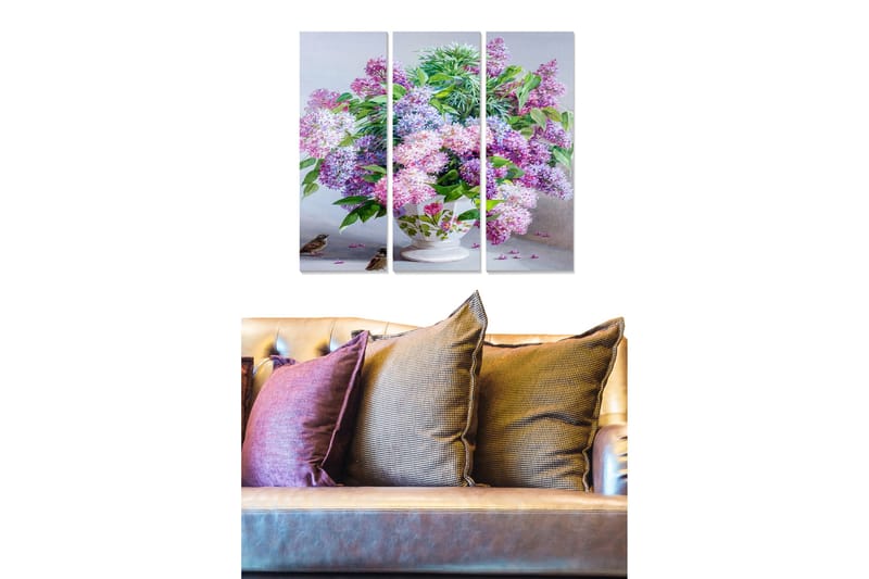 Trelerretsbilde 3-delt 50x70 cm - Fargerik bukett med syrinblomster i en vakker vase, Lilla / Grønn / Hvit