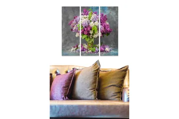 Trelerretsbilde 3-delt 50x70 cm - Fargerik bukett med syrinblomster - Lilla / Hvit / Grønn - Interiør - Maleri & posters - Lerretsbilder