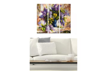 Trelerretsbilde 3-delt 50x70 cm - Fargerik bukett med syriner i en blå vase - Lilla / Grønn / Blå - Interiør - Maleri & posters - Lerretsbilder