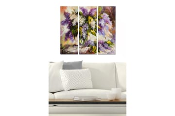 Trelerretsbilde 3-delt 50x70 cm - Fargerik bukett med syriner og hvite blomster - Lilla / Grønn / Hvit - Interiør - Maleri & posters - Lerretsbilder