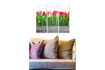 Trelerretsbilde 3-delt 50x70 cm - Fargerik bukett med tulipaner i forskjellige nyanser - Rosa / Grønn / Hvit - Interiør - Maleri & posters - Lerretsbilder