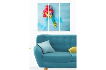 Trelerretsbilde 3-delt 50x70 cm - Fargerik bukett med tulipaner og blomster med blått bånd - Blå / Rosa / Gul - Interiør - Maleri & posters - Lerretsbilder