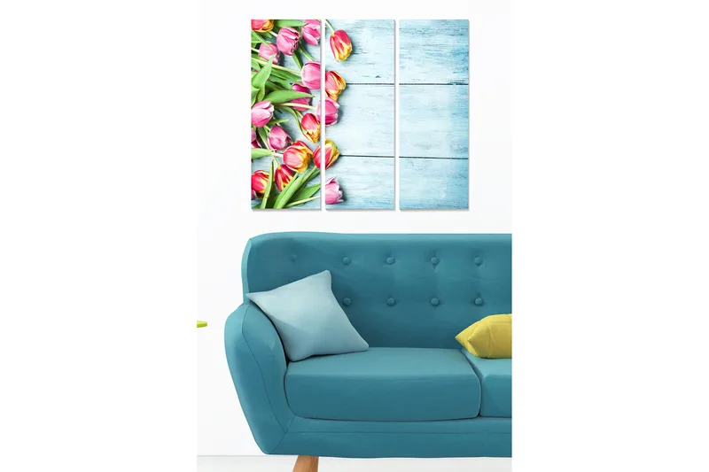 Trelerretsbilde 3-delt 50x70 cm - Fargerik bukett med tulipaner, Rosa / Grønn / Gul