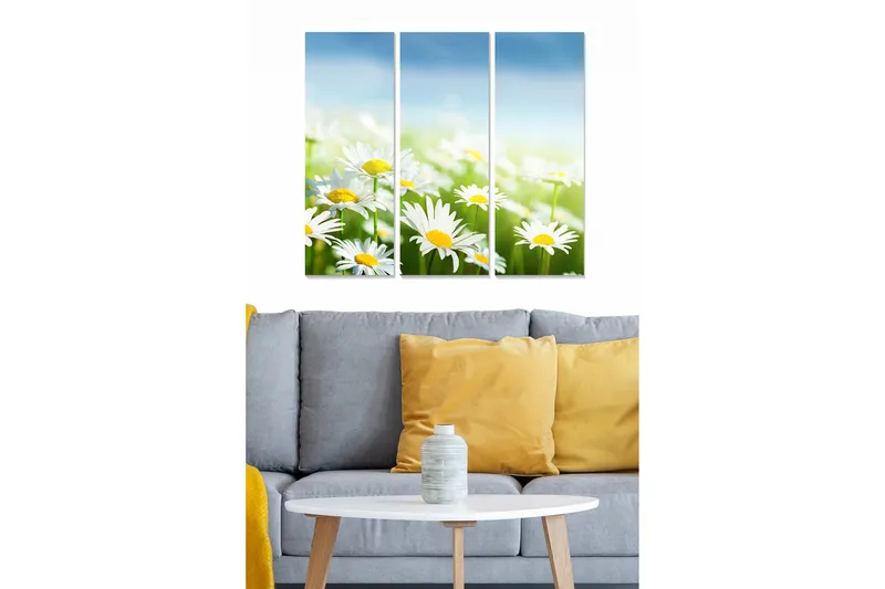 Trelerretsbilde 3-delt 50x70 cm - Fargerik bukett med tusenfryd, Hvit / Gul / Grønn