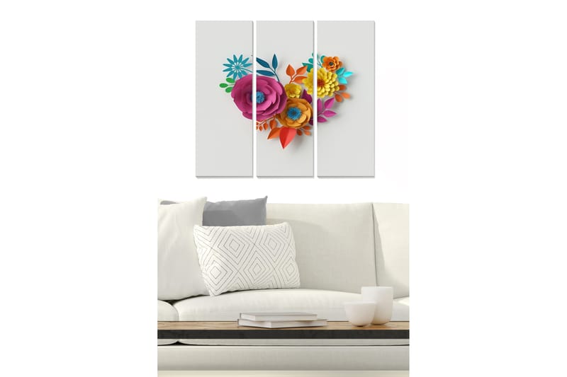 Trelerretsbilde 3-delt 50x70 cm - Fargerik bukett med papirblomster formet som et hjerte, Rosa / Oransje / Blå