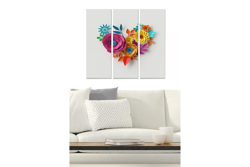 Trelerretsbilde 3-delt 50x70 cm - Fargerik bukett med papirblomster formet som et hjerte, Rosa / Oransje / Blå