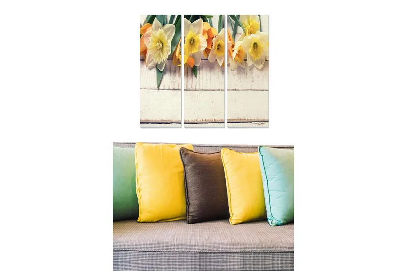 Trelerretsbilde 3-delt 50x70 cm - Fargerik bukett med påskeliljer og tulipaner, Gul / Oransje / Grønn