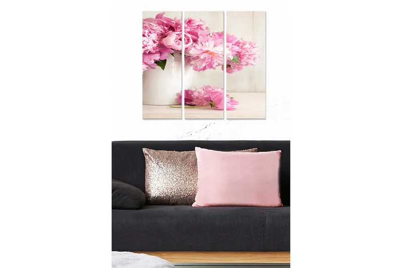 Trelerretsbilde 3-delt 50x70 cm - Fargerik bukett med peoner i en hvit potte, Rosa / Grønn / Hvit