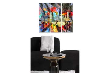 Trelerretsbilde 3-delt 50x70 cm - Fargerik bybilde med abstrakte former og silhuetter av bygninger - Rød / Blå / Gul - Interiør - Maleri & posters - Lerretsbilder
