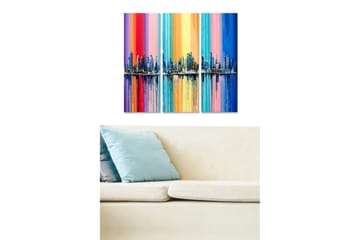 Trelerretsbilde 3-delt 50x70 cm - Fargerik bybilde med horisontlinje og vertikale fargebånd - Blå / Rosa / Oransje - Interiør - Maleri & posters - Lerretsbilder