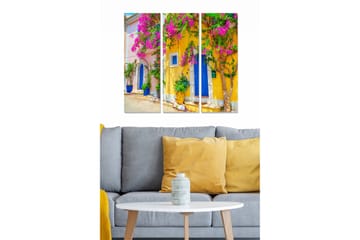 Trelerretsbilde 3-delt 50x70 cm - Fargerik fasade med bougainvillea og blå dør - Rosa / Gul / Blå - Interiør - Maleri & posters - Lerretsbilder