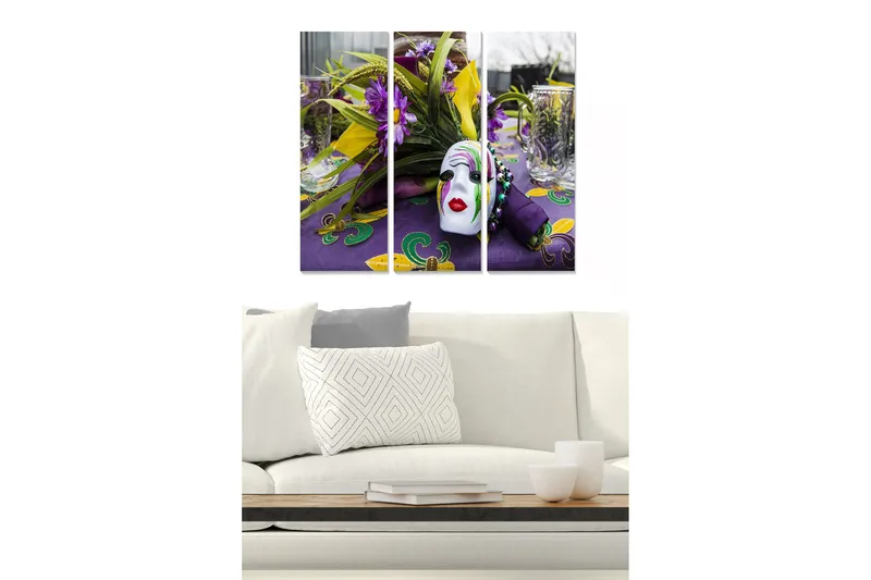 Trelerretsbilde 3-delt 50x70 cm - Fargerik festlig borddekking med maske og blomster, Lilla / Gul / Grønn