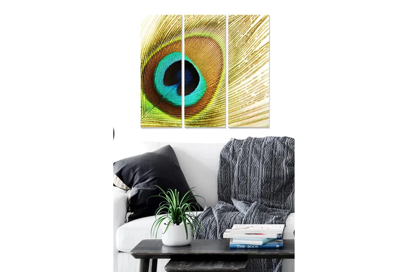 Trelerretsbilde 3-delt 50x70 cm - Fargerik fjær med øyelignende mønster, Turkis / Gull / Svart